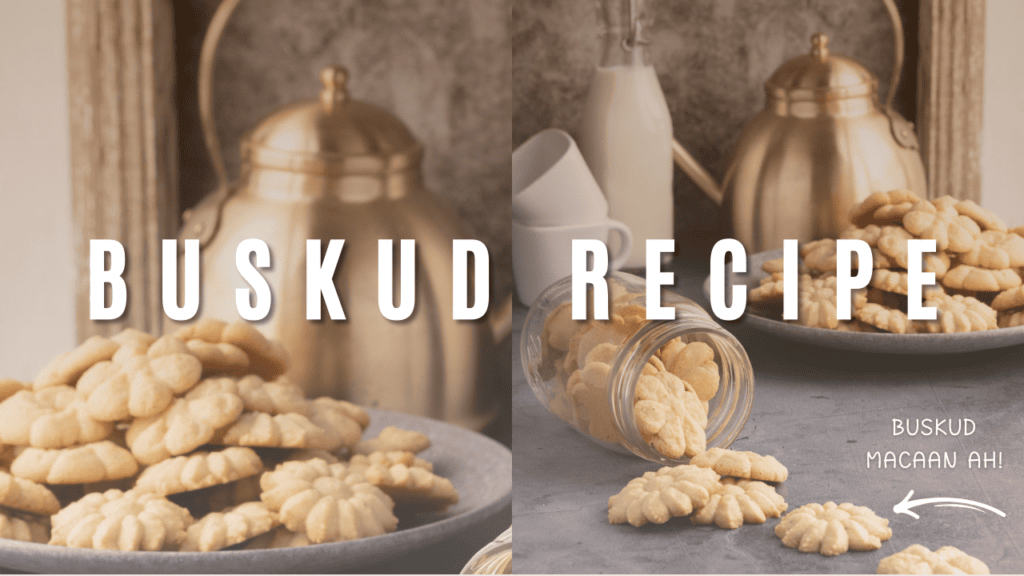 Golden buskud cookies on plates and jars, with a vintage background, for traditional Danish treat.